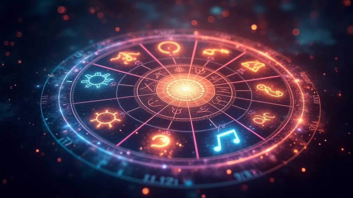 Rueda del zodiaco colorida con símbolos brillantes y aura mística.