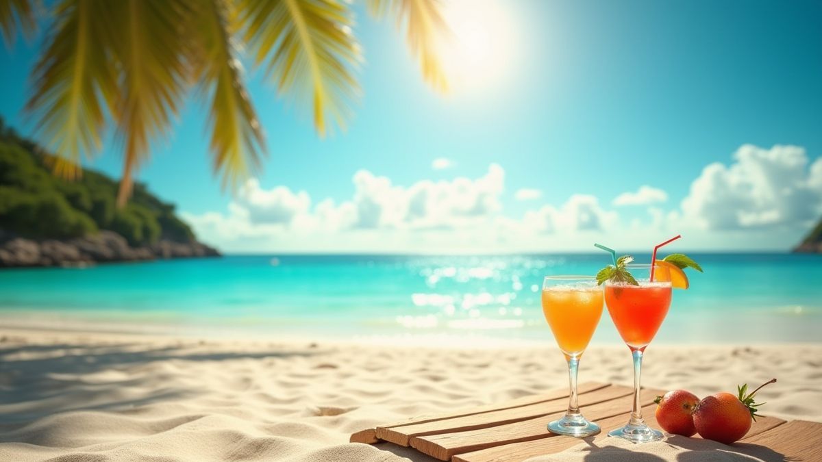 Plage tropicale avec cocktails et ciel ensoleillé.