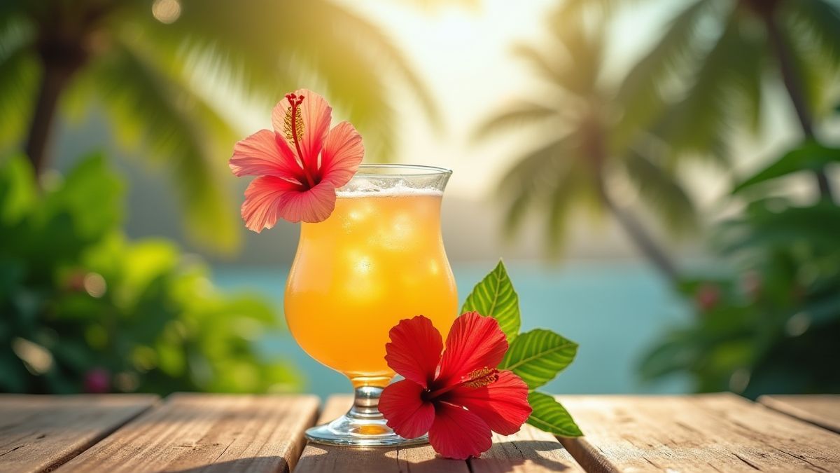 Cóctel tropical decorado con una flor de hibisco.