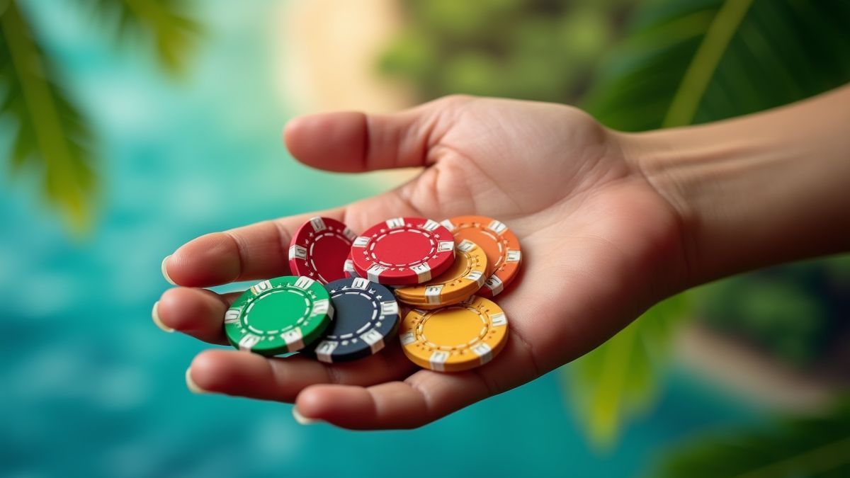 Mano sosteniendo fichas de casino con un fondo tropical.