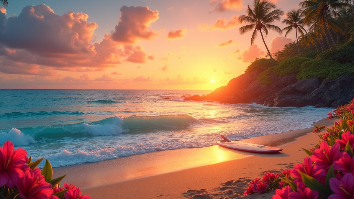 Atardecer hawaiano con flores y una tabla de surf en la arena.