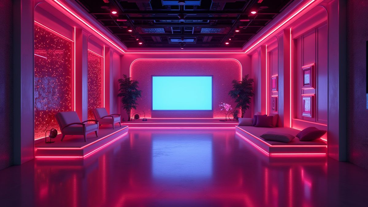 Fernsehstudio mit Neonlichtern.