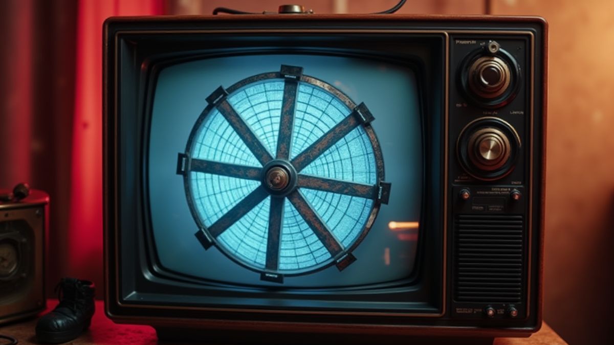Ein Retro-Fernseher aus den 80ern, der ein drehendes Rad zeigt.