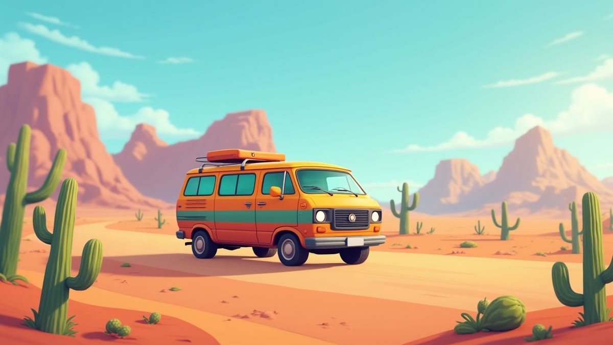 Van traveling through the desert with mountains in the background.