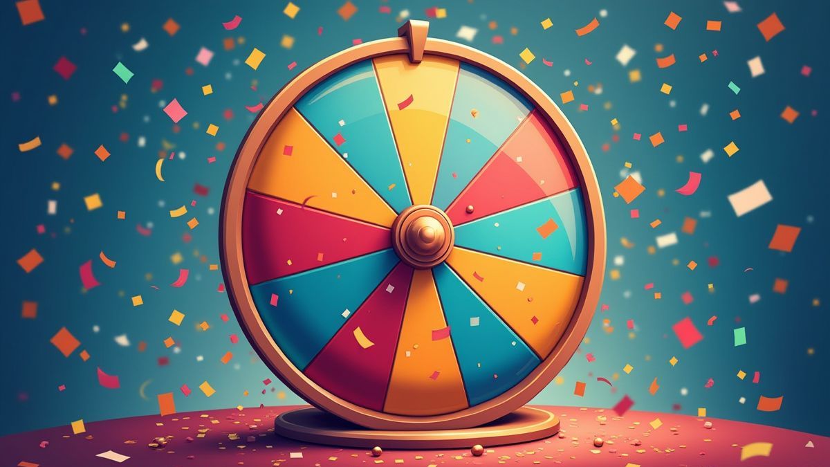 Spinning fortune wheel surrounded by confetti.