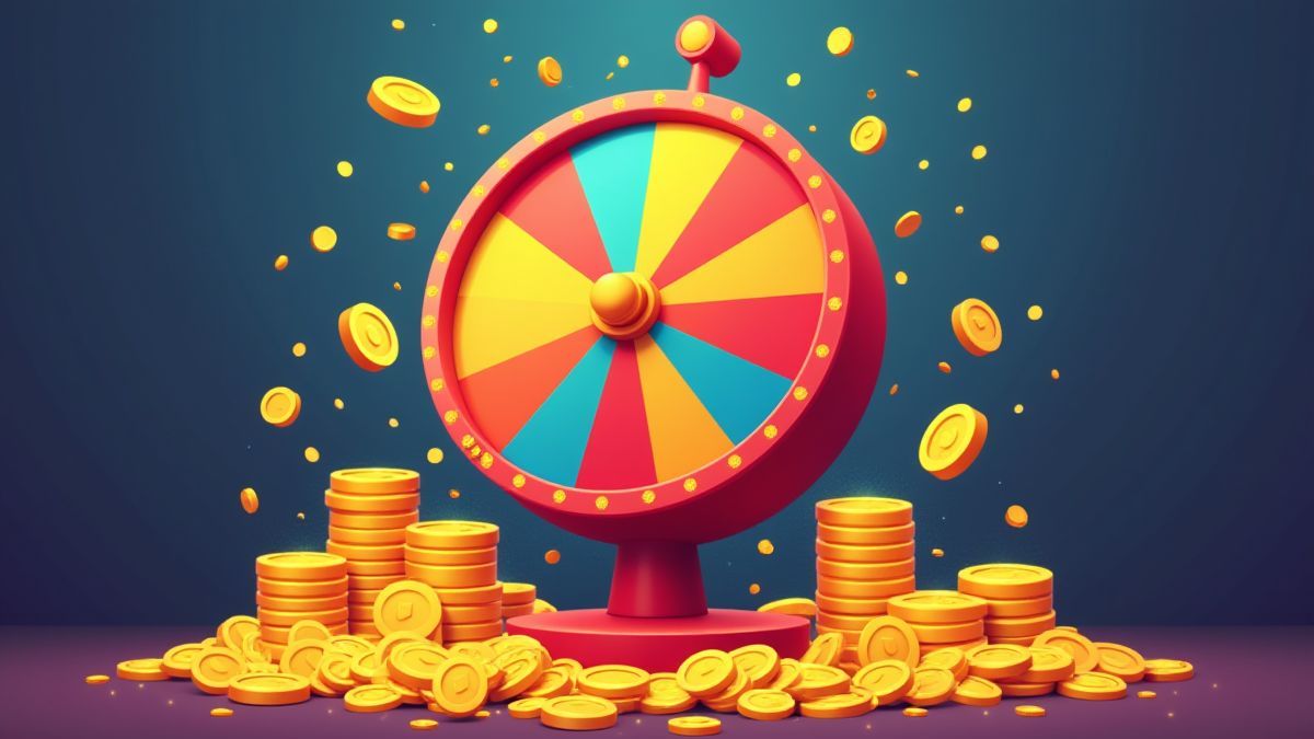 Rueda giratoria rodeada de monedas doradas y confeti.