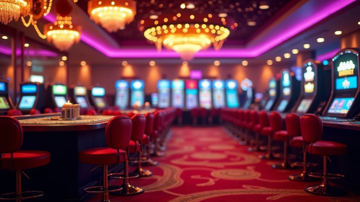 Un casino de lujo con luces brillantes y ambiente glamuroso.