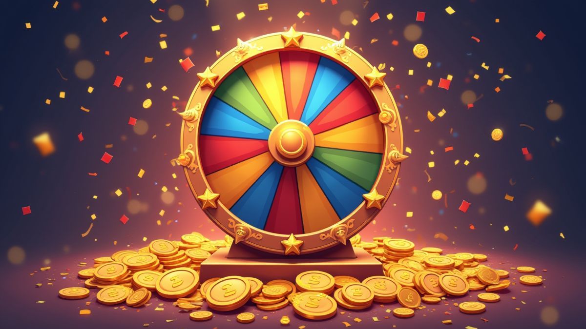 Festive spinning wheel with coins and confetti.