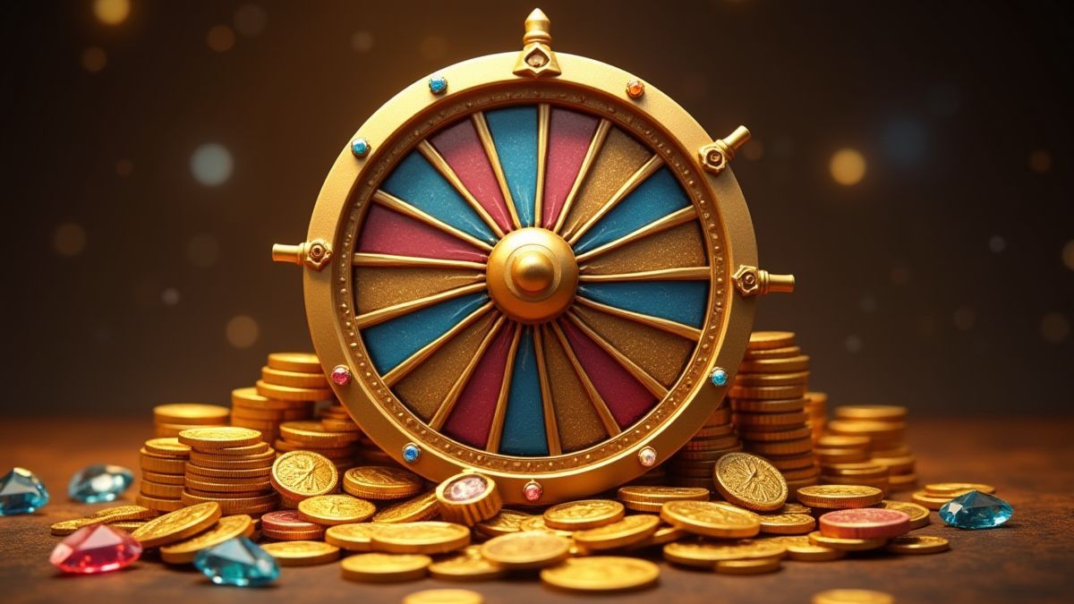 Una rueda giratoria elegante con monedas de oro y gemas.