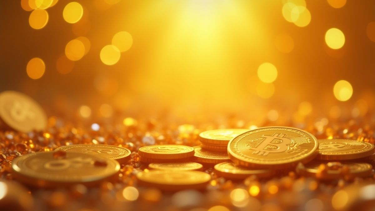 Fondo dorado brillante con gemas y monedas.