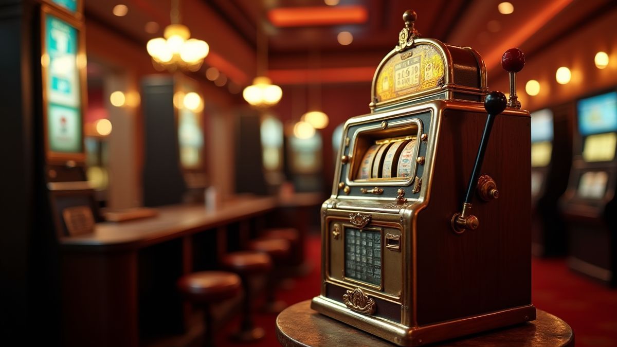 Vintage-Spielautomat in einem Retro-Casino-Umfeld.