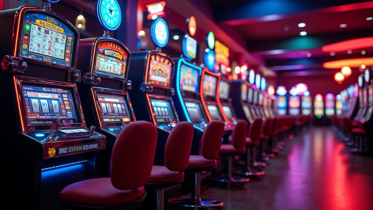 Casino-Boden beleuchtet mit Neonlichtern und klassischen Spielautomaten.
