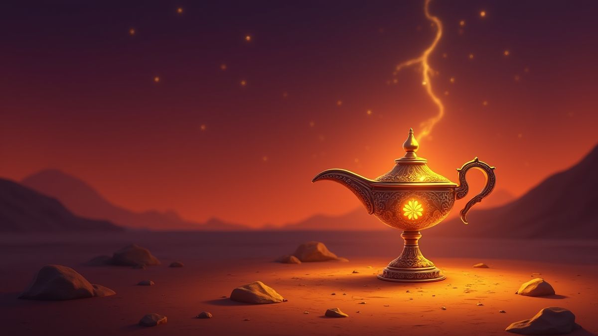 Une lampe magique brillante dans un paysage désertique.