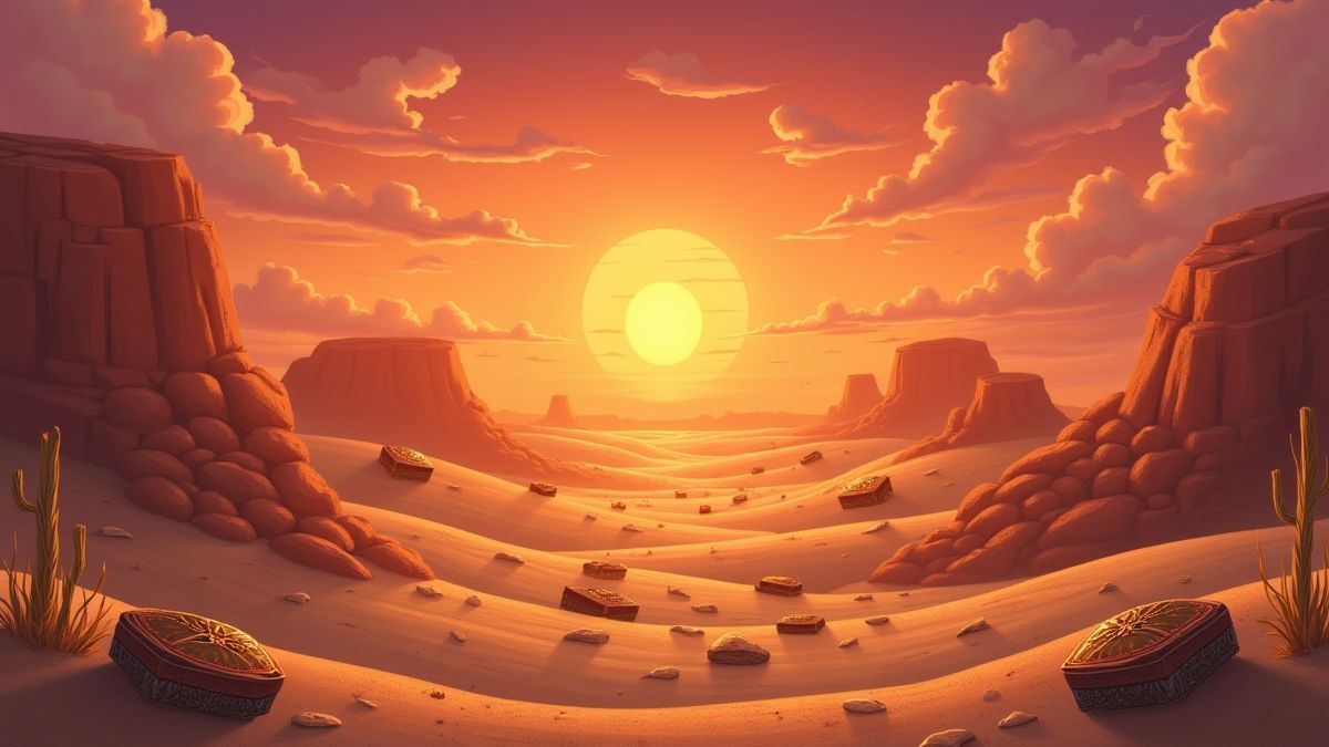 Un coucher de soleil désertique avec des trésors éparpillés dans le sable.