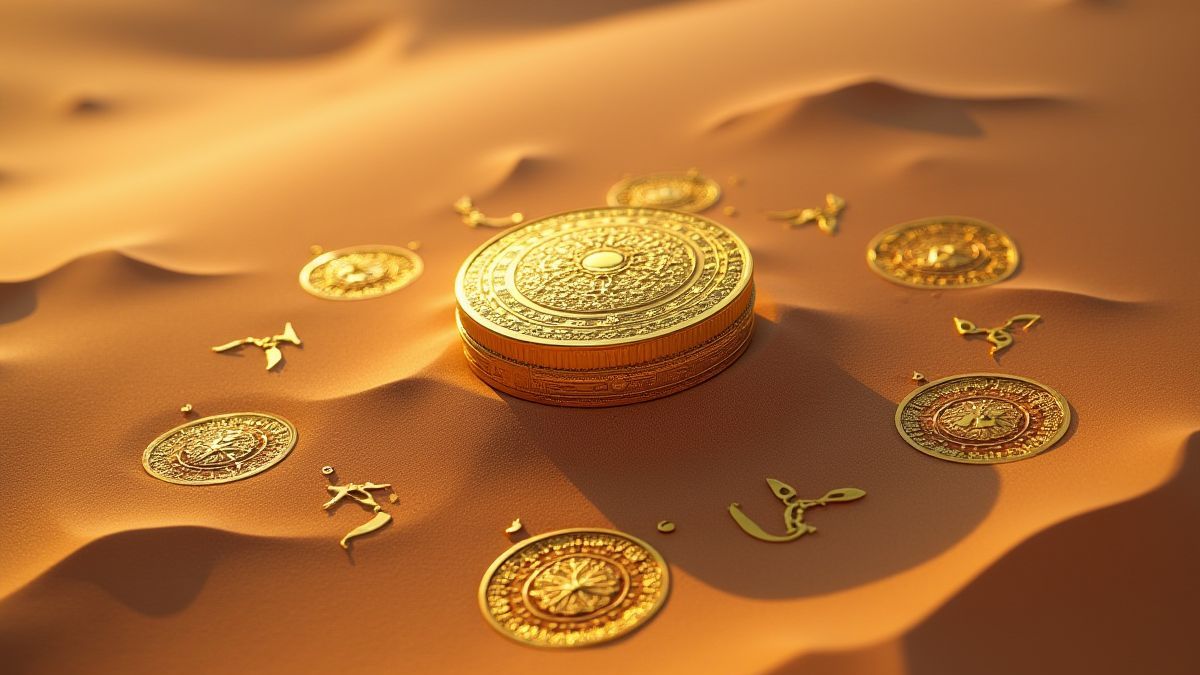 Artefacto dorado rodeado de símbolos místicos en una duna de arena.