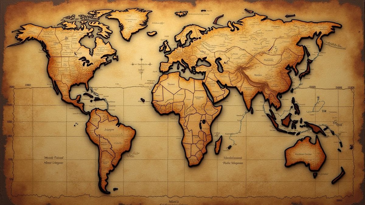 Mapa antiguo con líneas doradas que muestran ubicaciones de tesoros.