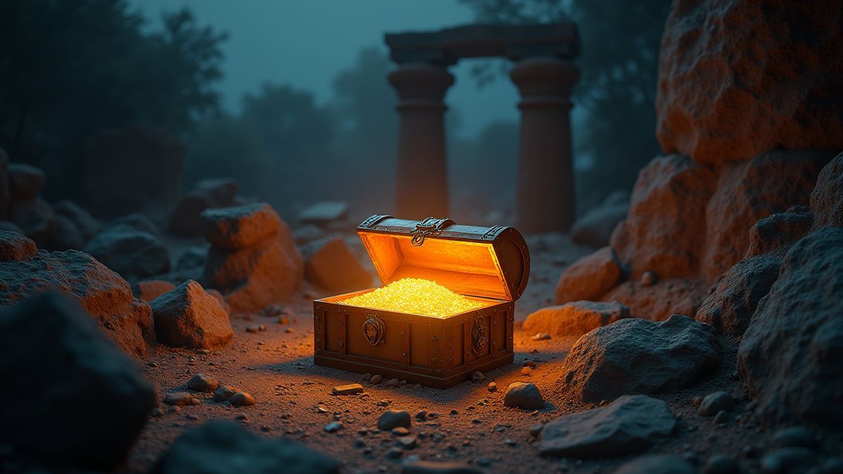 Cofre del tesoro brillante rodeado de ruinas antiguas.