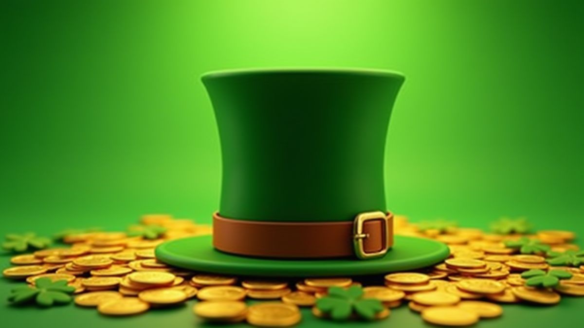Sombrero de leprechaun con monedas de oro y tréboles.
