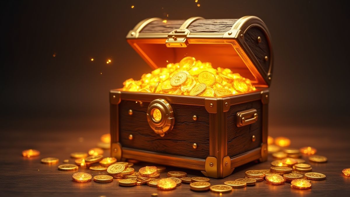 Cofre del tesoro lleno de monedas doradas y joyas.