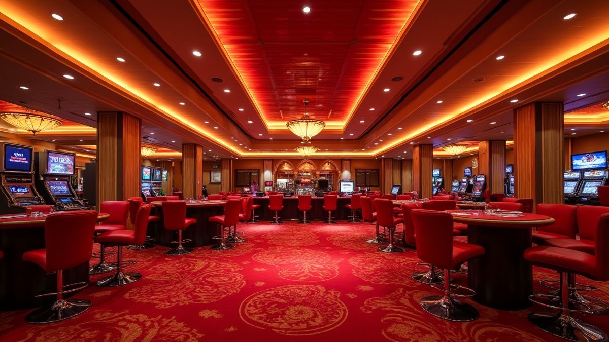Intérieur de casino luxueux avec tons rouges et dorés