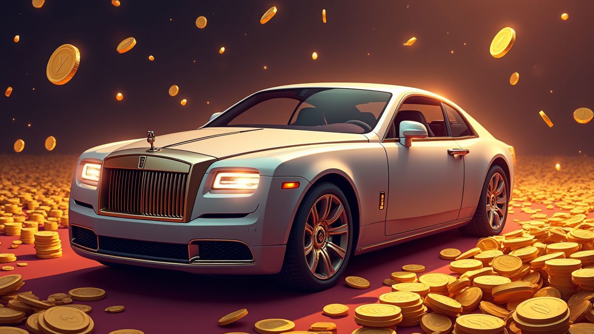 Afbeelding van een luxe auto omringd door gouden munten in een casino.