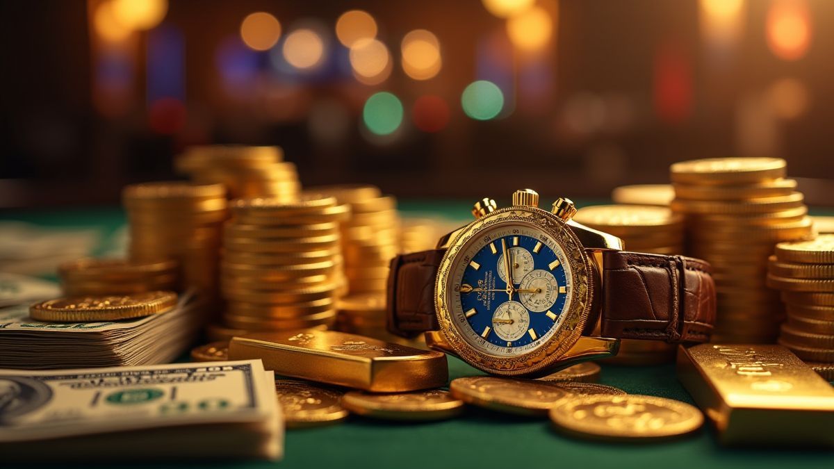 Hopen geld, gouden staven en luxe horloges in een elegant casino.