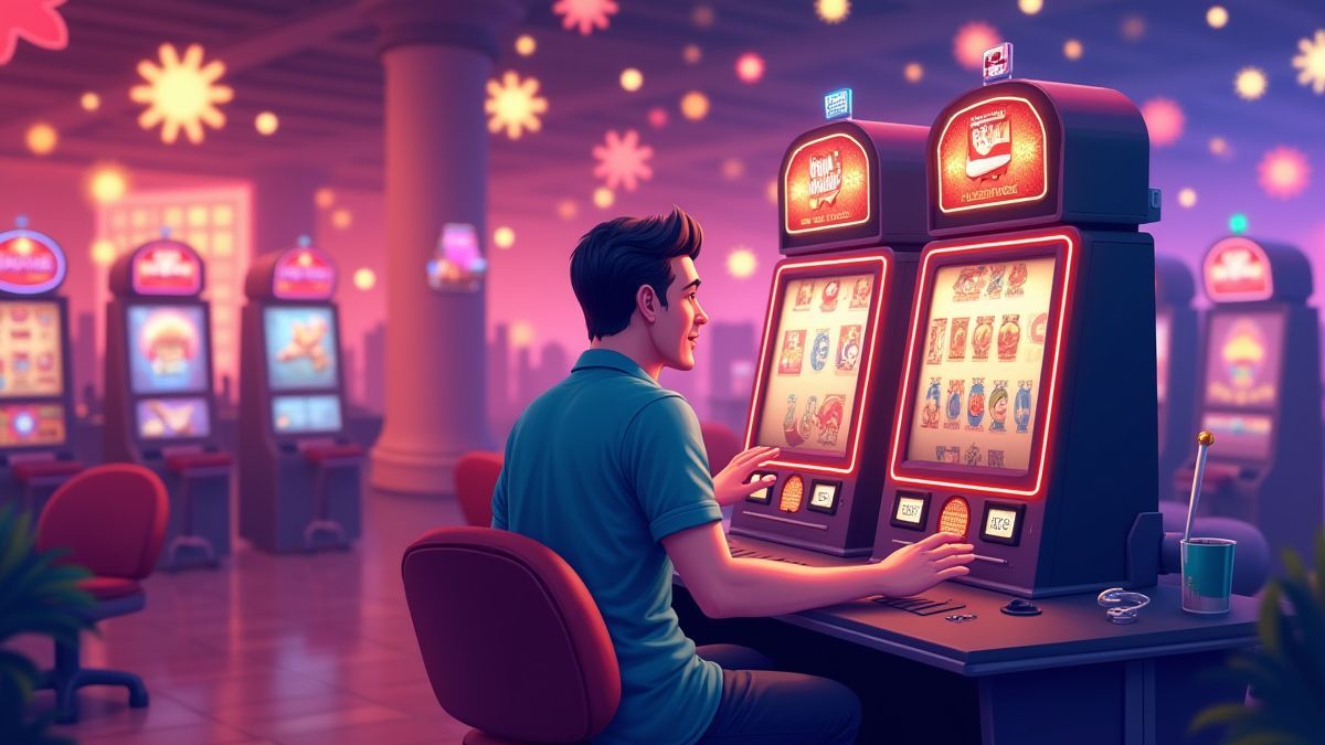 Een beginnende speler die een gokkast uitprobeert in een gastvrije casino-omgeving.