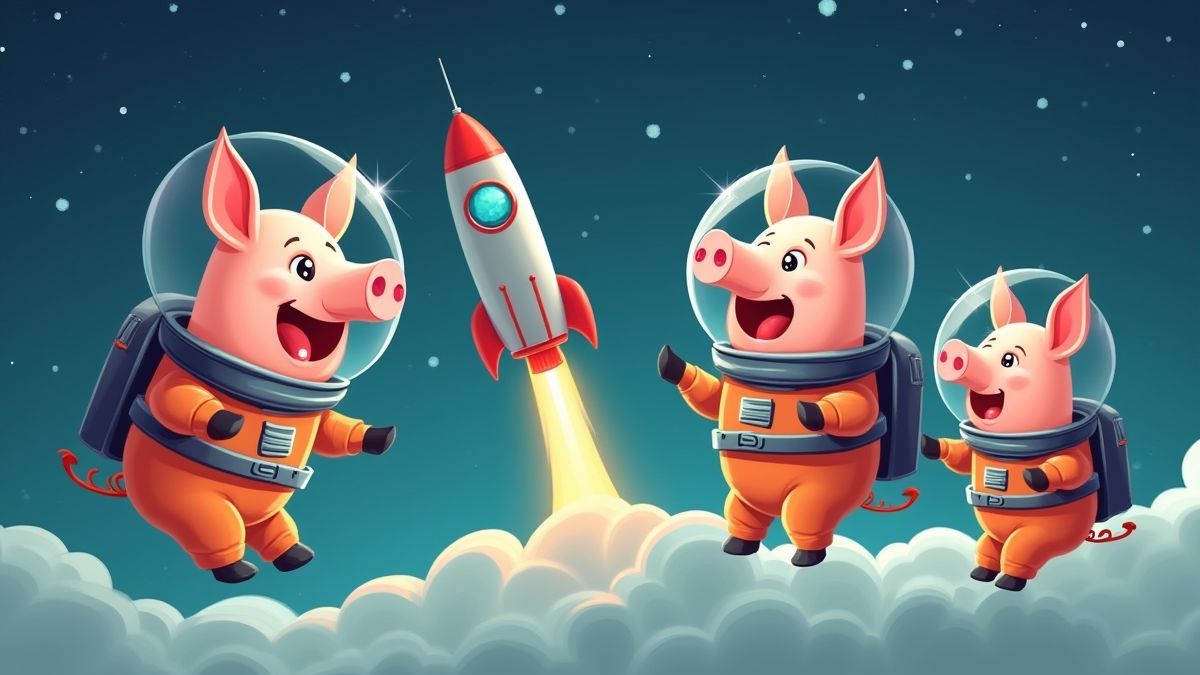 Porcos animados flutuando no espaço com trajes de astronauta perto de um foguete.