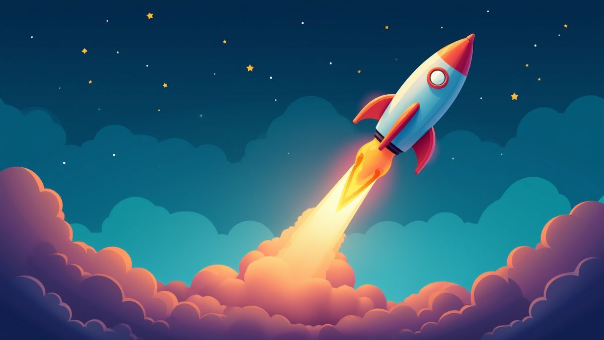 Um foguete colorido decolando em direção ao céu com estrelas ao fundo.