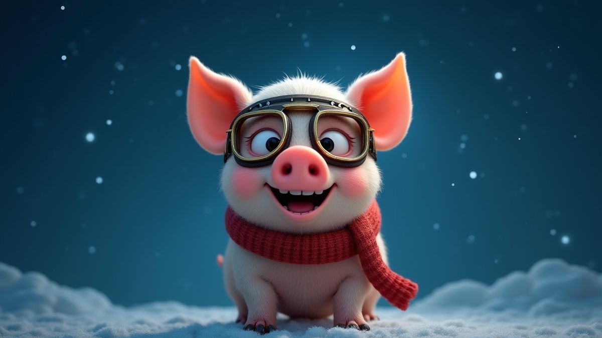Um porco sorridente com óculos de piloto e cachecol sob um céu estrelado.