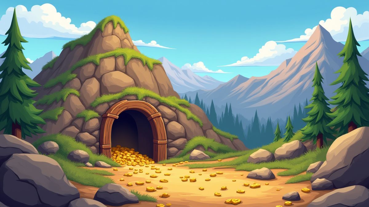 Paisaje montañoso con entrada de mina y pepitas de oro.