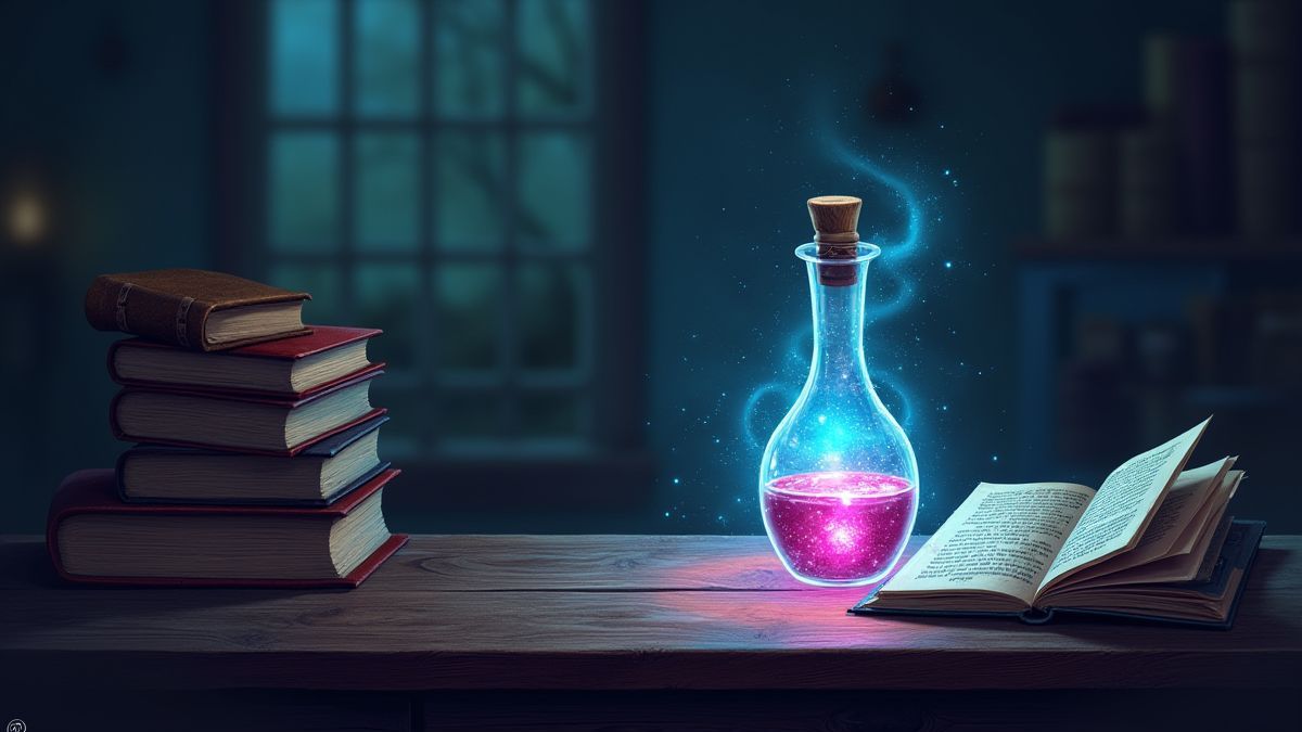 Magical potion bottle surrounded by spell books on a wooden table.