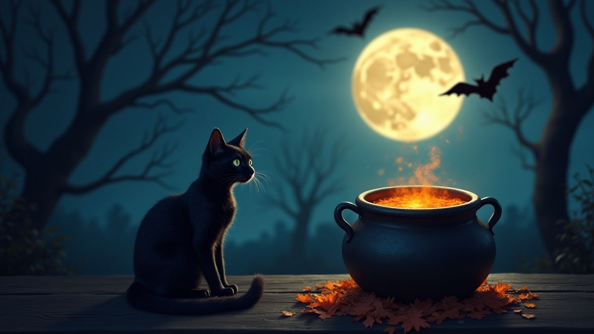 Black cat next to a bubbling cauldron on a moonlit night.