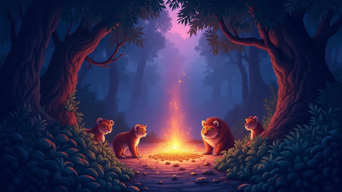 Cena de uma jungla mágica com tesouros resplandecentes e animais selvagens.