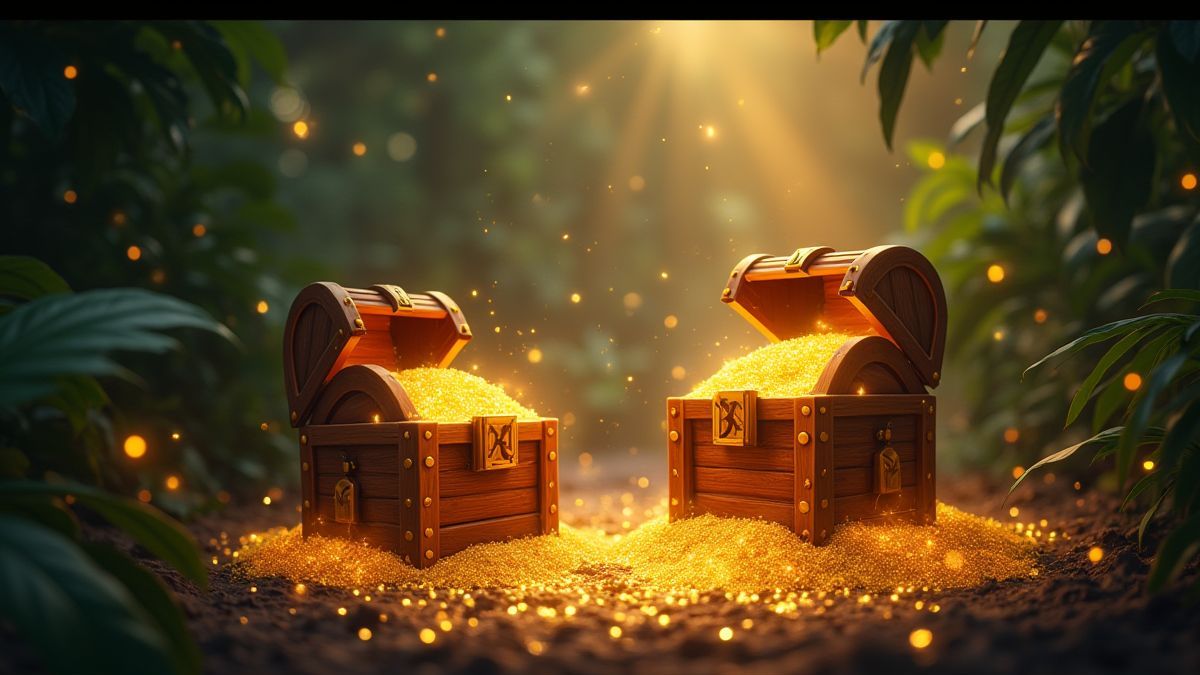 Chispas doradas y cofres de tesoro resplandecientes durante giros gratis en una jungla.