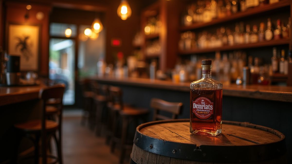 Whiskeyfass umgeben von Vintage-Bar-Dekor in warmem Licht.