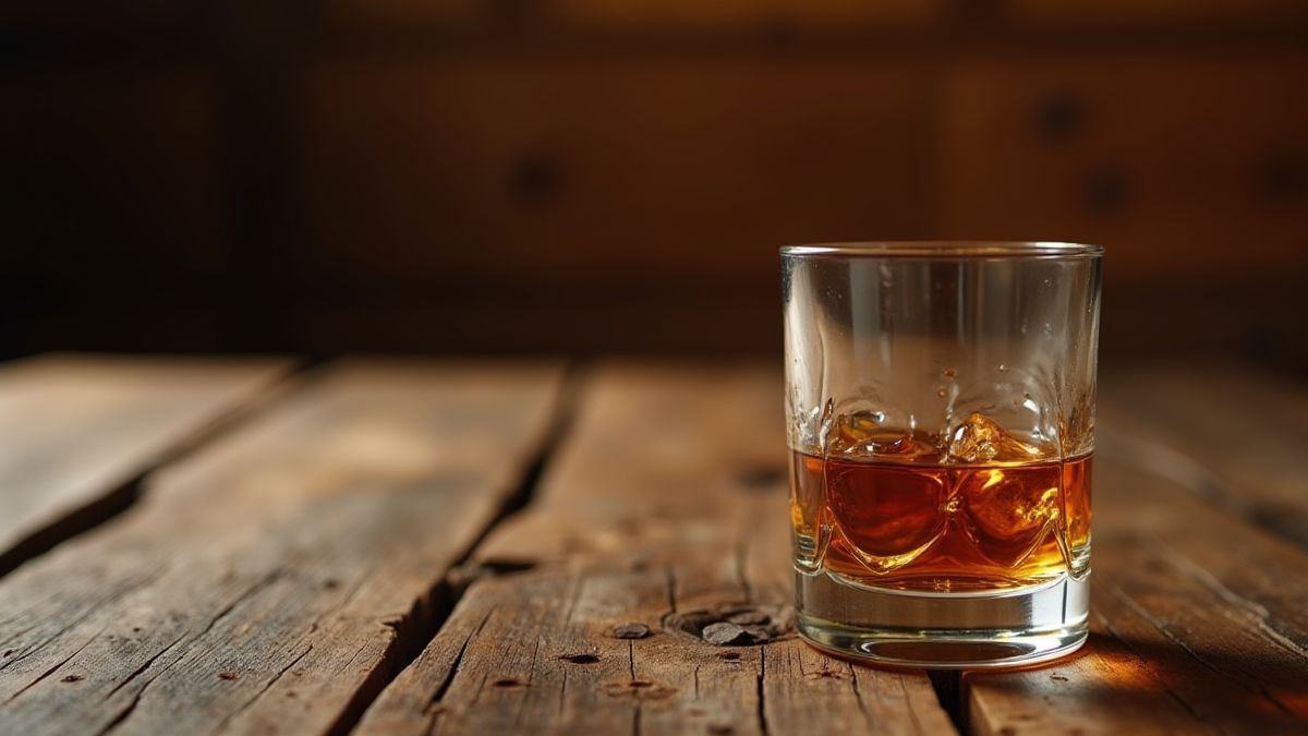 Vintage-Whiskeyglas auf einem rustikalen Holztisch.