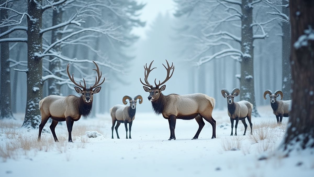 Bosque nevado con alces y carneros bajo una ligera nevada