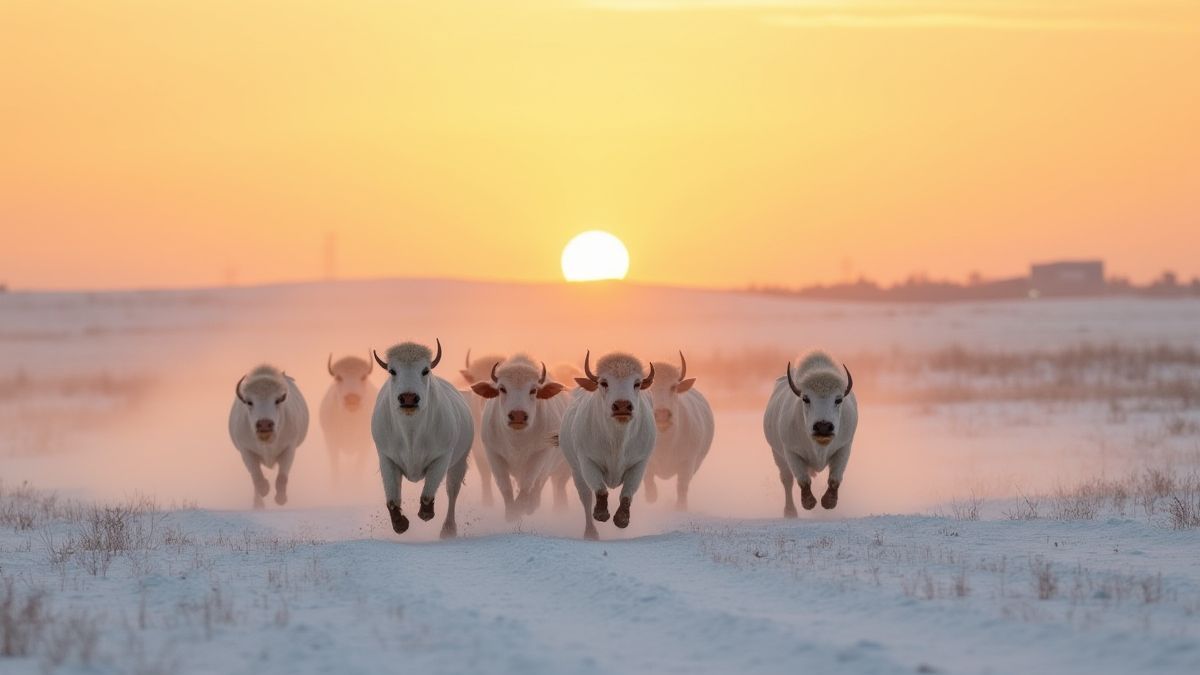 Manada de búfalos blancos corriendo por una llanura nevada al atardecer