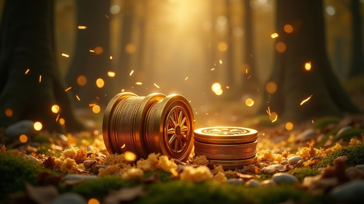 Éclats dorés entourant des rouleaux tournants dans une forêt magique