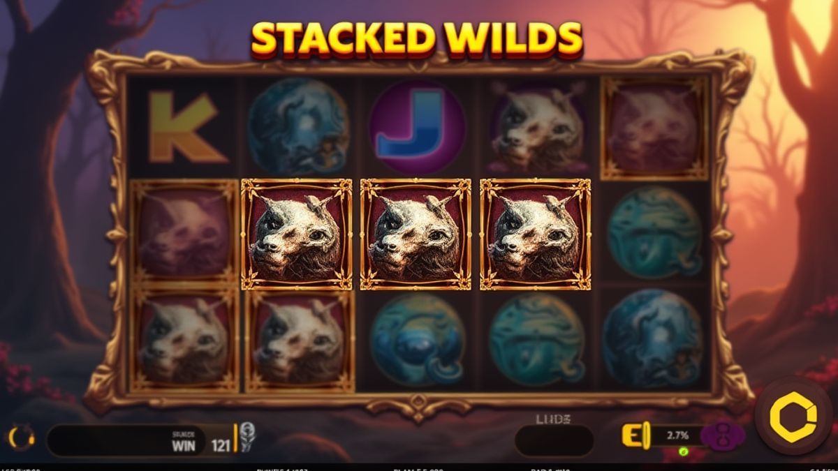 Slot machine screen with stacked Wild symbols.
