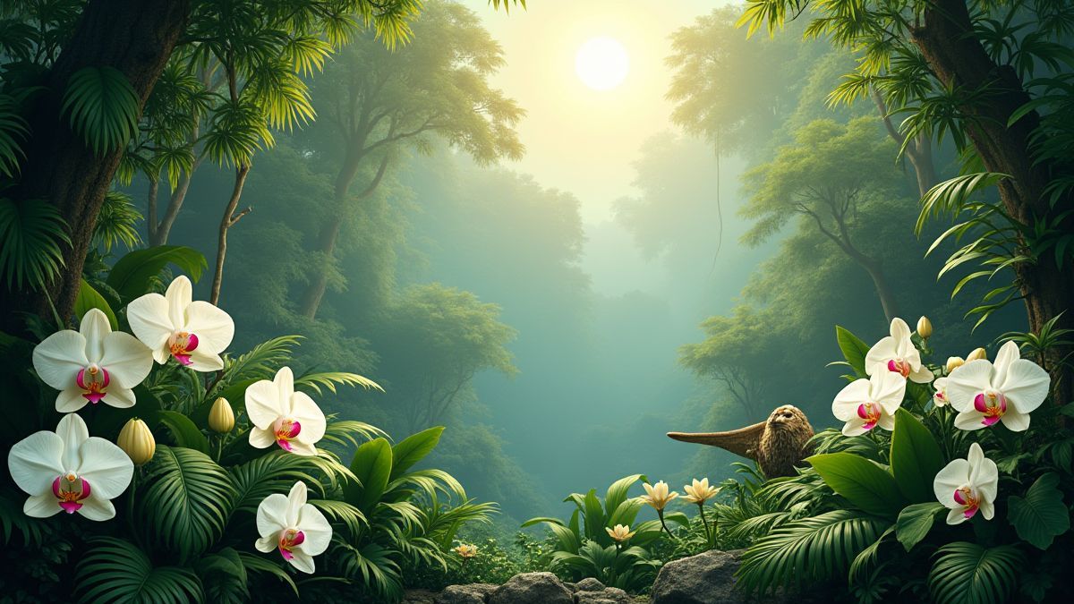 Tropischer Dschungel mit weißen Orchideen und exotischen Tieren.