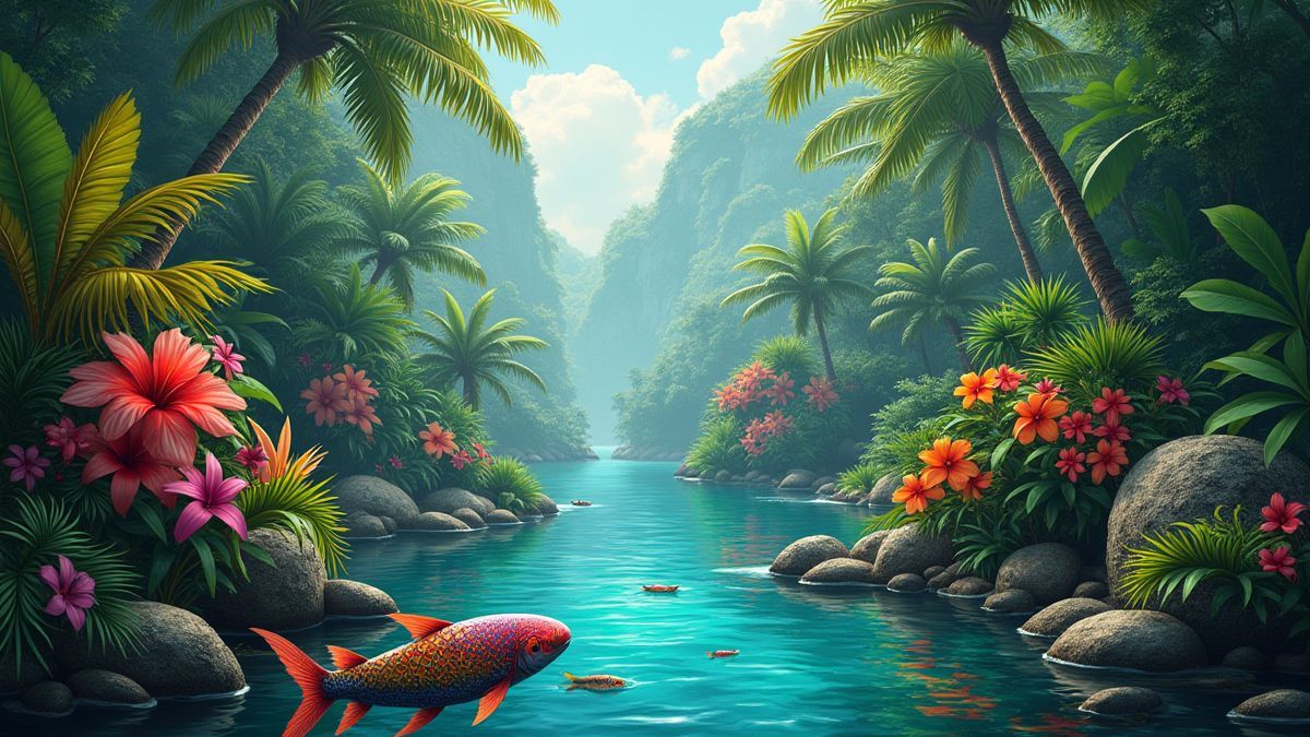 Tropische Szene mit Vögeln und Regenbogenfischen.