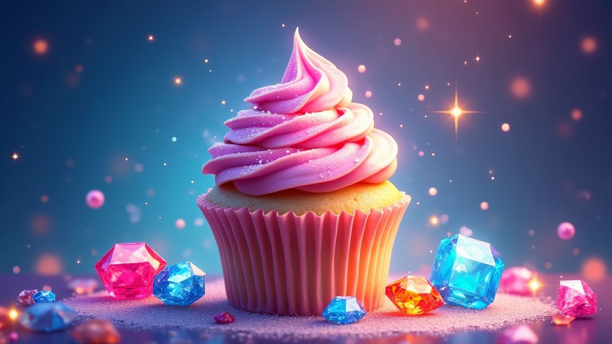 Cupcake mágico rodeado de gemas brillantes y efectos mágicos.