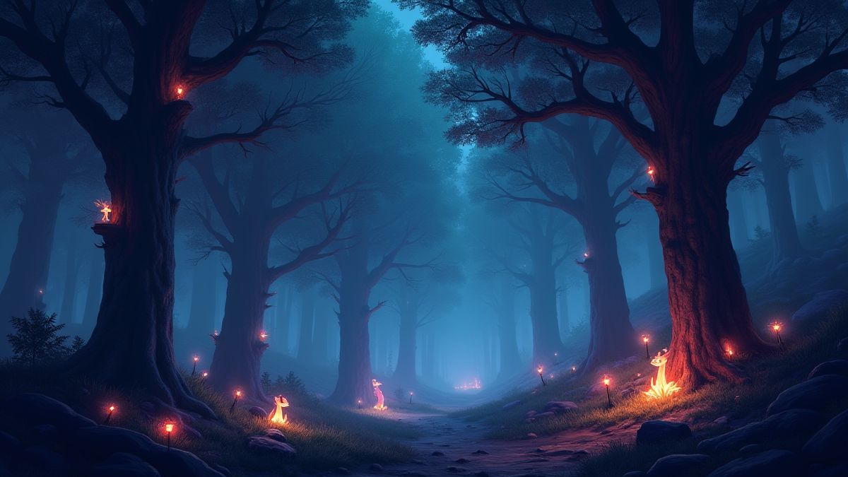 Une forêt remplie de créatures magiques et d'arbres brillants.