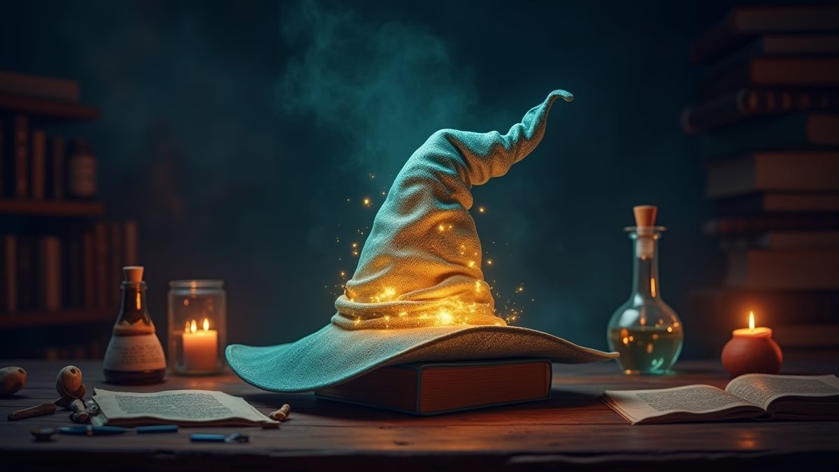 Un chapeau de sorcier entouré de livres et de potions magiques.
