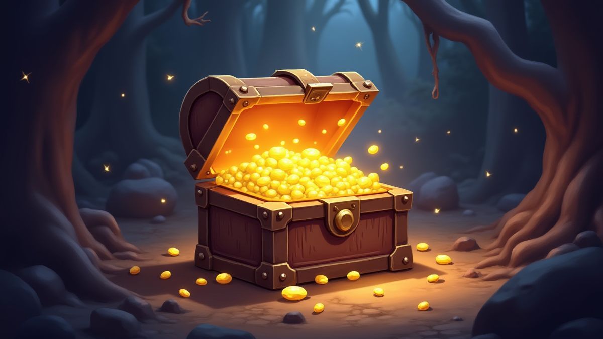 Un coffre magique rempli d'or dans un environnement mystique.