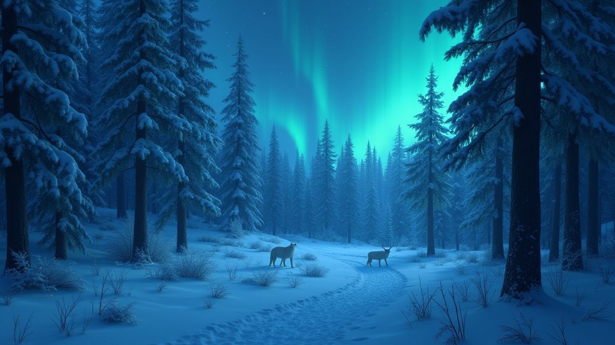 Forêt enneigée avec des aurores brillantes et un loup blanc en embuscade.