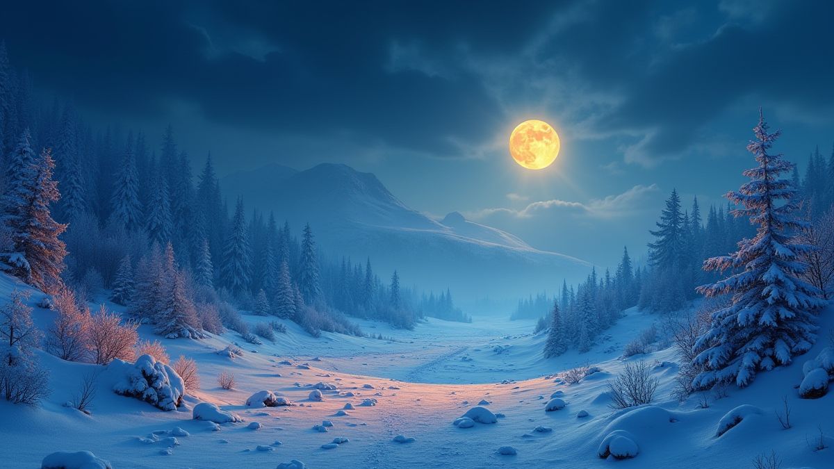 Paysage enneigé illuminé par la lune avec des animations bleues et orange.