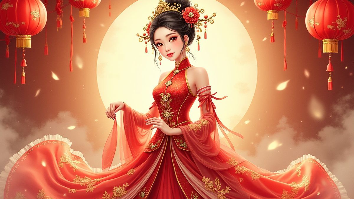 Traditionelle chinesische Braut mit rotem und goldenem Kleid.